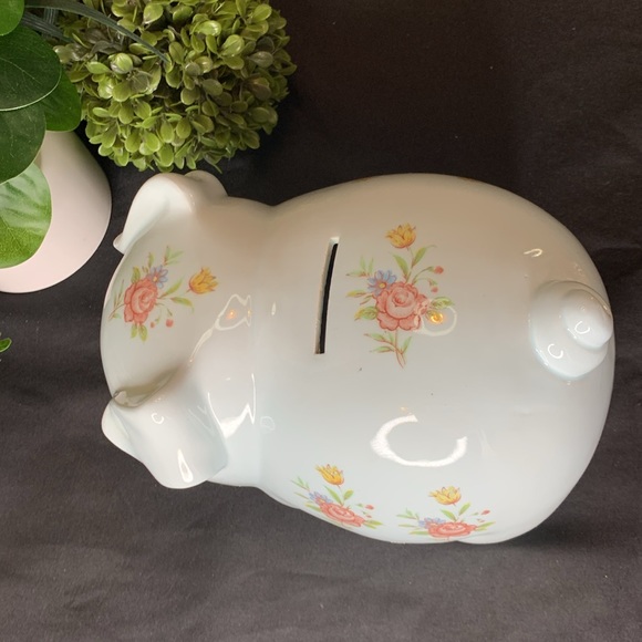 Vintage Hand Painted Lefton pale blue piggy bank with flowers - Picture 7 of 11